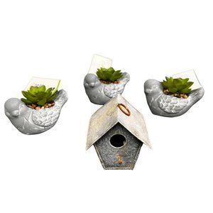 Stone Bird Planters Faux Succulent Lot 3 Metal Birdhouse Tier Tray Decor NWT
